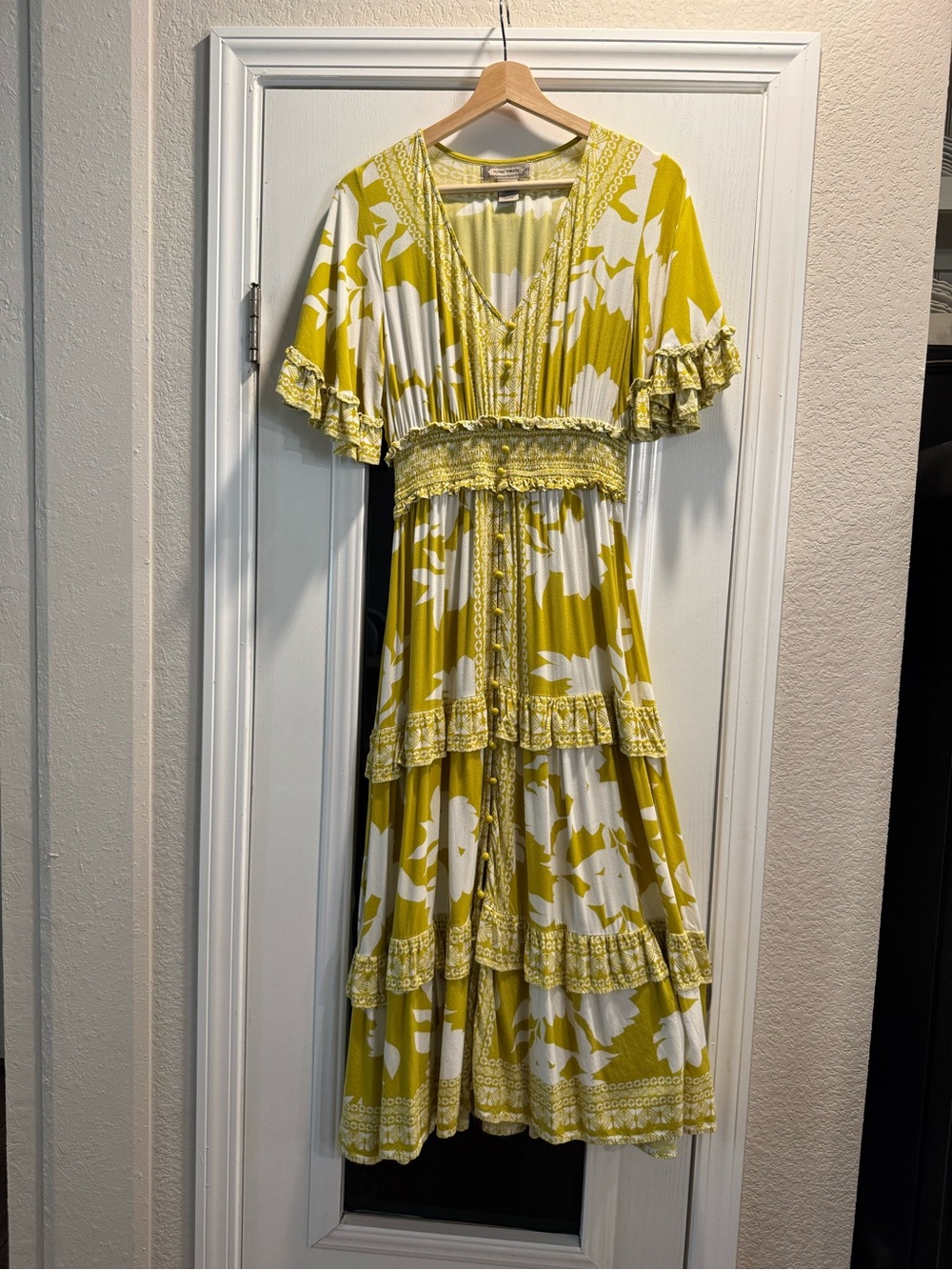 Flying Tomato Yellow & White Floral V-Neck Tiered Maxi Dress